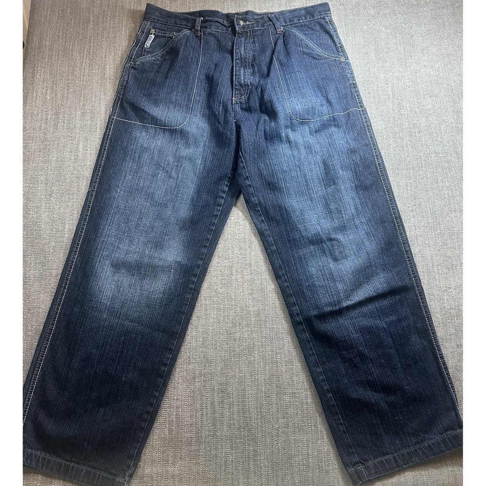 Joker Jeans Mens 36 Baggy Wide Leg Blue Denim Embroidered Face Pocket Y2K
